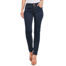 Load image into Gallery viewer, Dark Denim Mid Rise Double Button Skinny Stretch Jeans
